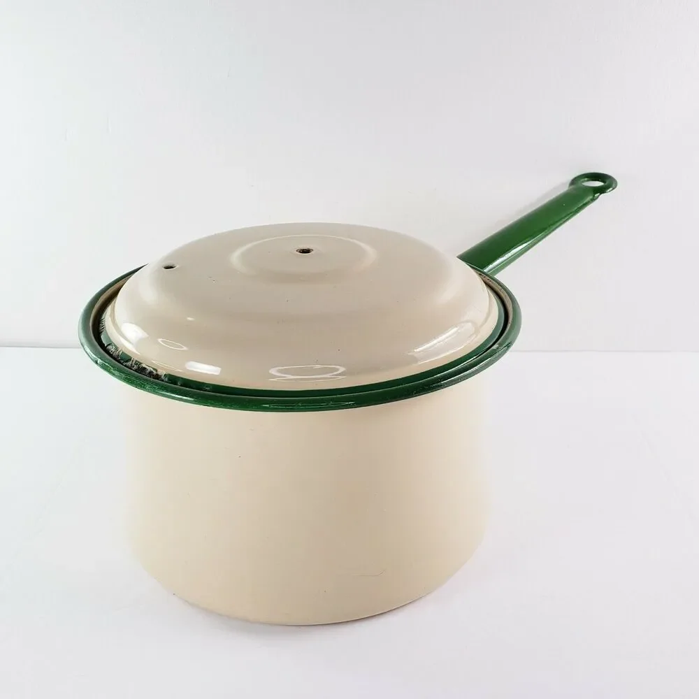 Vtg Cream & Green Enamel Sauce Pan Stock Pot w/ Lid Primitive Camping Rustic